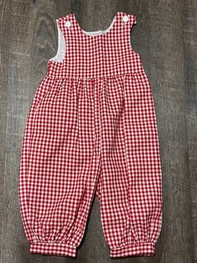 Kelly’s Kids Red White Gingham Bubble Romper Overalls Longall Size 3 Girls Boys